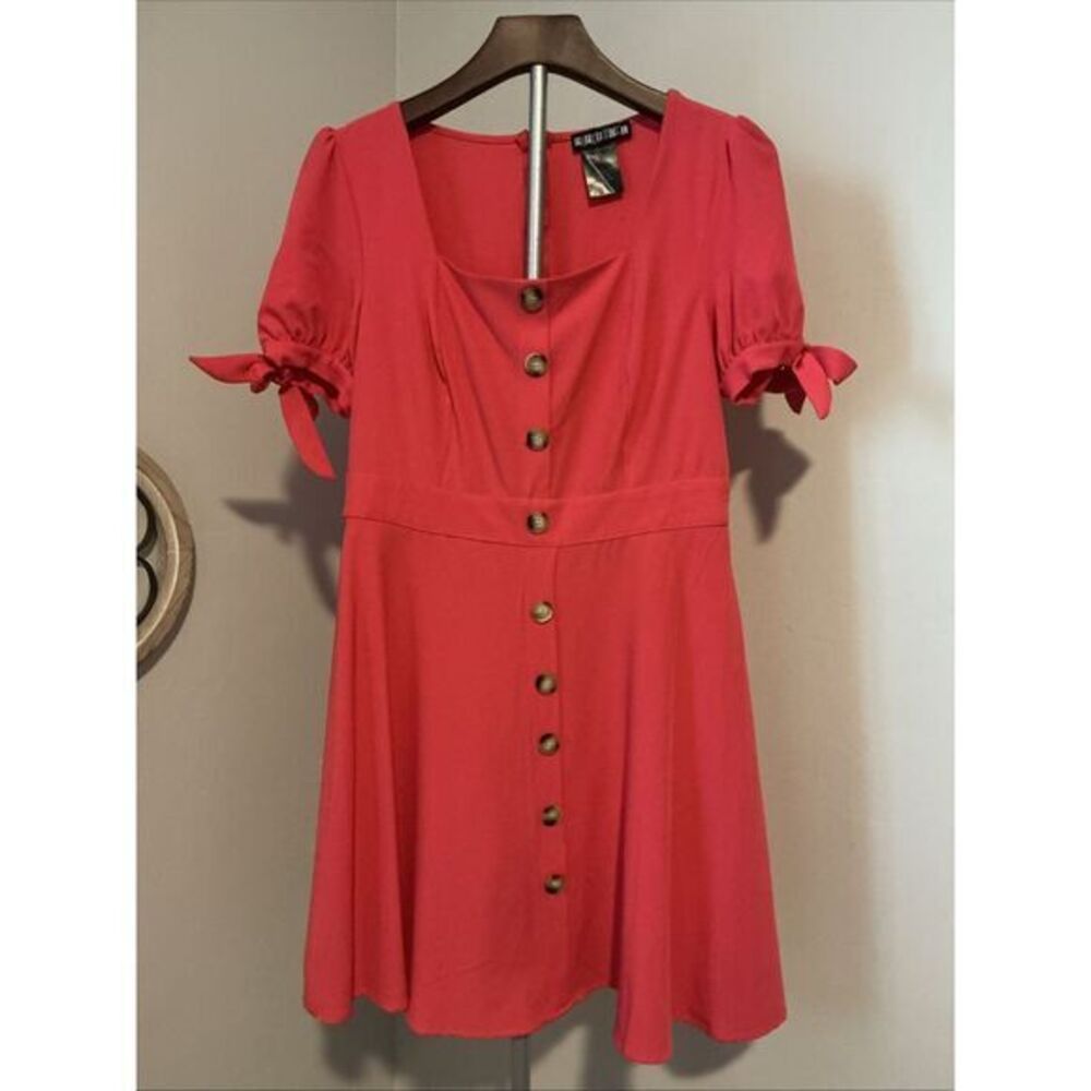 Paper Doll Dress Barbie Pink Sz L Button‎ Down Skater Short Sleeve Square Neck